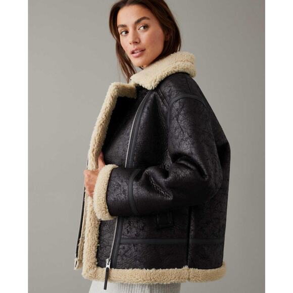 AE Oversized Vegan Shearling Moto Jacket Women’s Sz Large - Picture 3 of 10